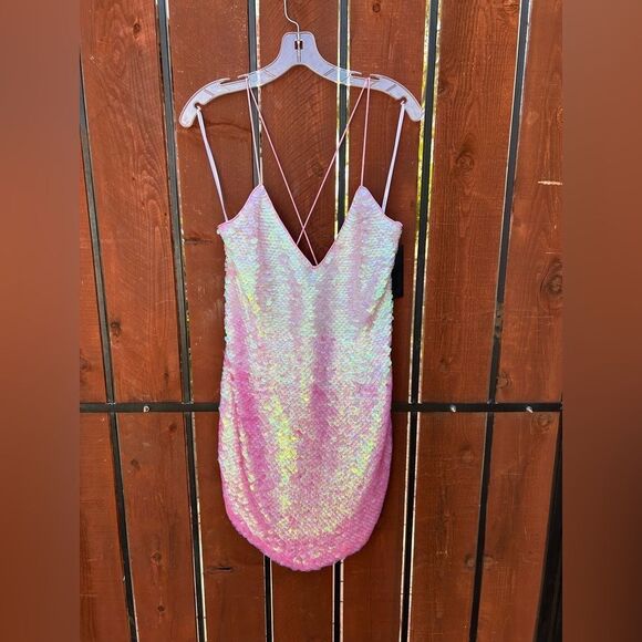 SIRENA Feather Sequin Dress pink iridescent ombré size XL NEW - Picture 2 of 8